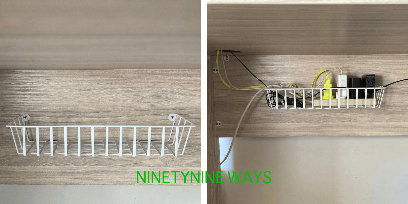 DIY under desk cable management tray holding powerboard and cables