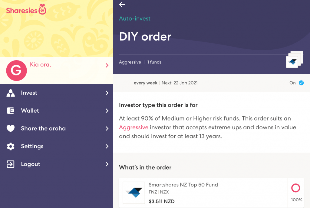 Sharesies Auto-invest DIY order